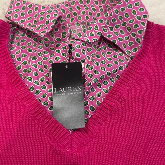 NWT Ralph Lauren, magenta, fuchsia, pink sweater, V-neck with undershirt detail - Picture 2 of 3